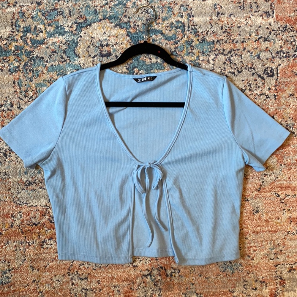 Rib Knit Light Blue Tie Front Cardigan